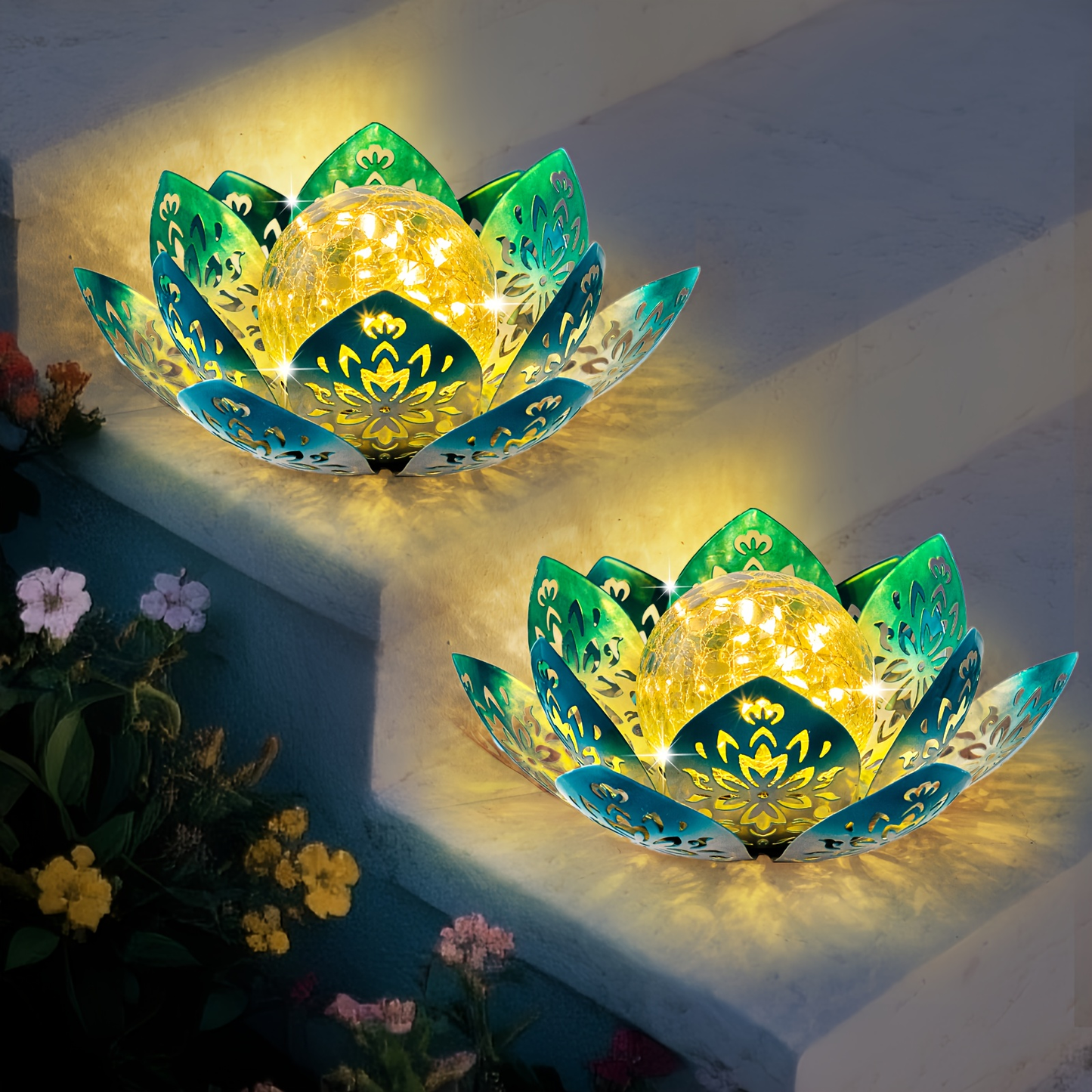 Solar Garden Light Lotus Flower LED Step Light Outdoor Cracked Glass Ball IPX4 Waterproof Lawn Yard Pathway Staircase Corridor Decor – Azure Blue Purple Gray