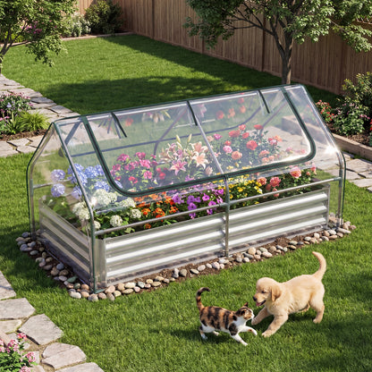 Raised Garden Bed with Greenhouse Cover 3-in-1, Metal Planter Box 71"x35.5"x36" with Dual Roll-Up Screen Windows & Open Bottom for Vegetables, Flowers & Herbs