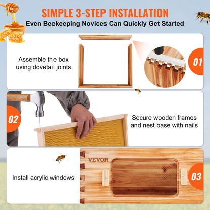 Beehive Kit 10 Frame Cedar Wood Bee Hive with Transparent Windows & Beeswax Coating