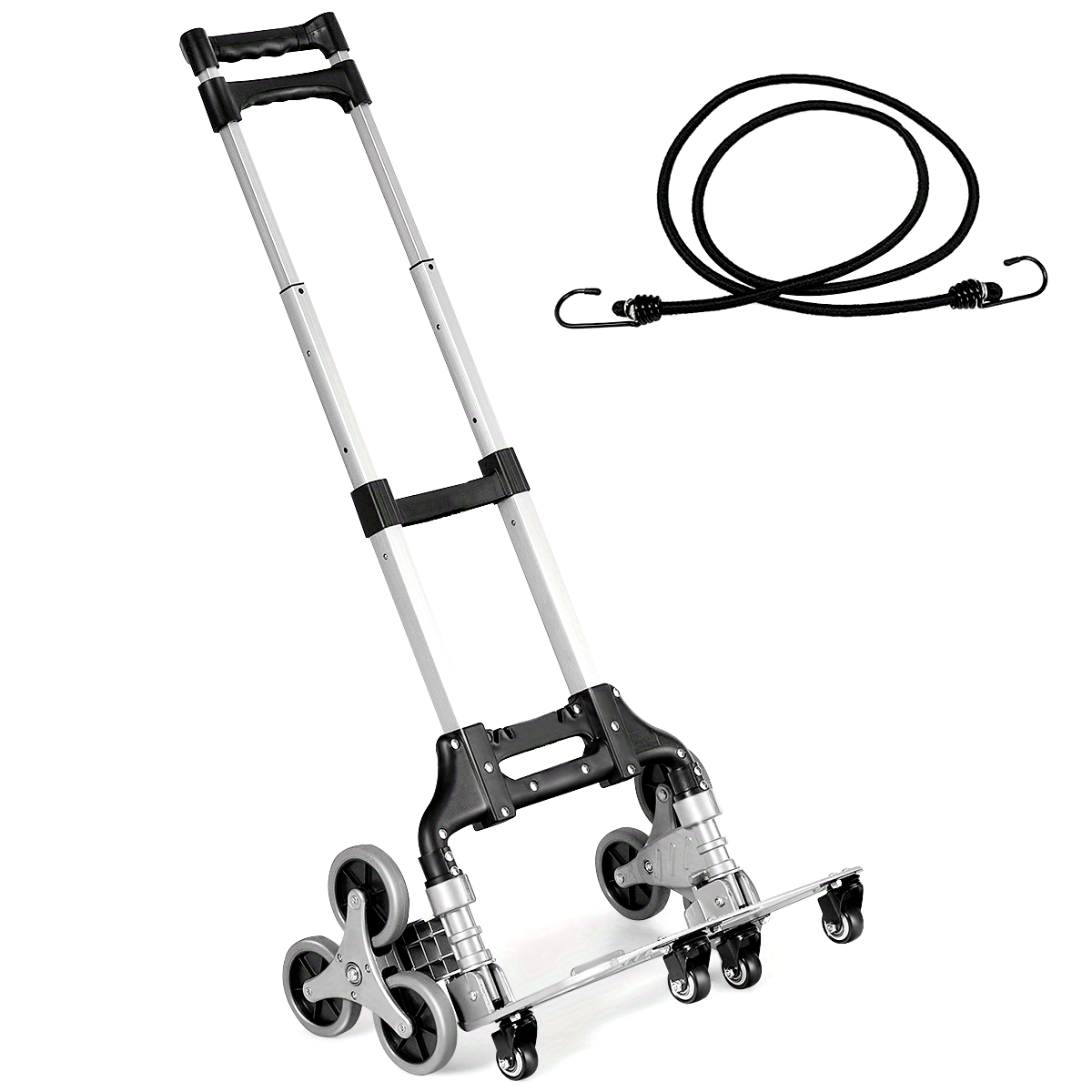 Stair Climbing Cart Folding Hand Truck 180 lbs Capacity, Aluminum Alloy Utility Dolly with Telescoping Handle, 3-Wheel Stair Climber & 4 Swivel Casters, Bungee Cord Included