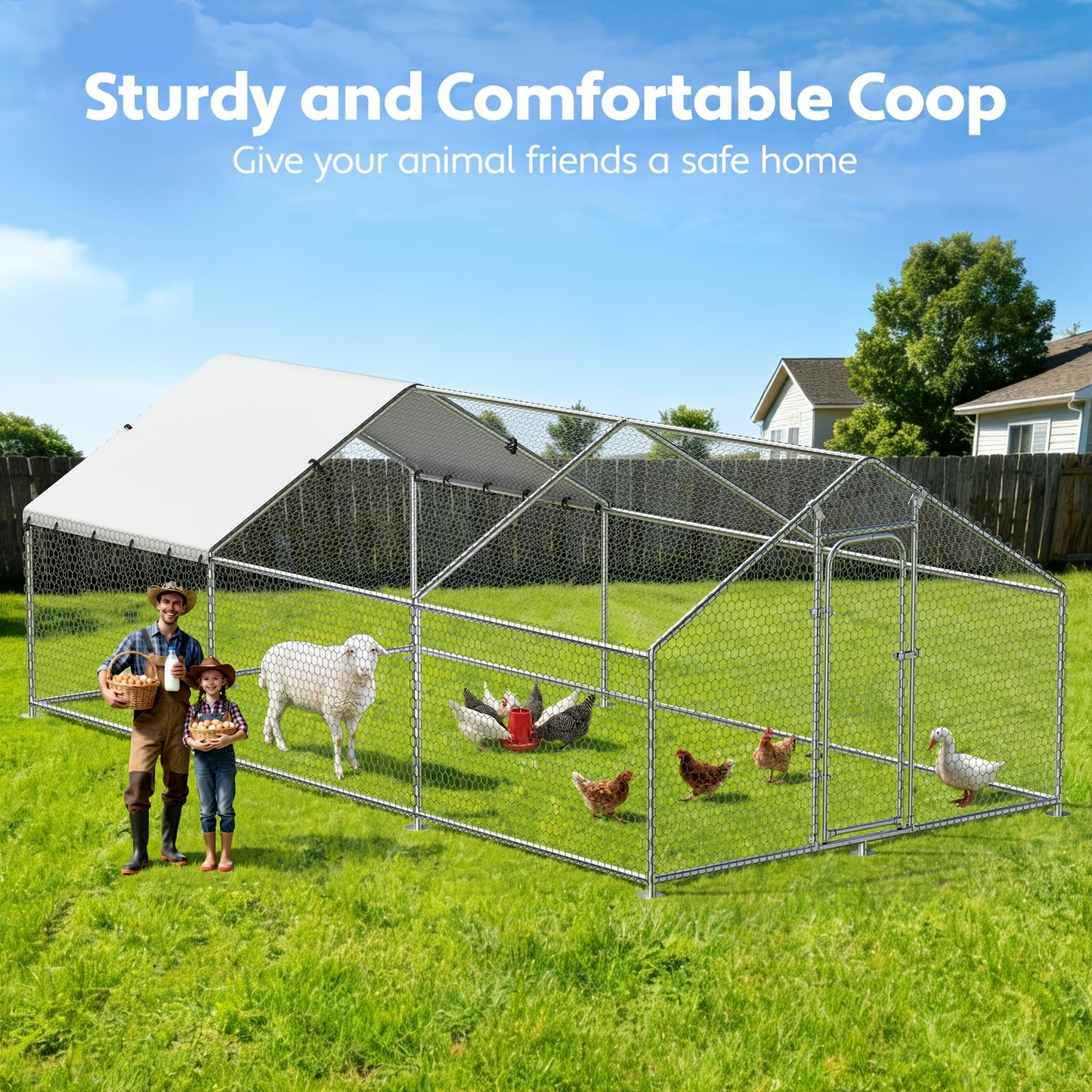 Dog Kennel Outdoor Large Metal Walk-in Chicken Run Pen Poultry Cage with Anti-UV Cover Movable Rack or Dolly 2 Sizes for Farm Backyard Chickens Dogs Rabbits