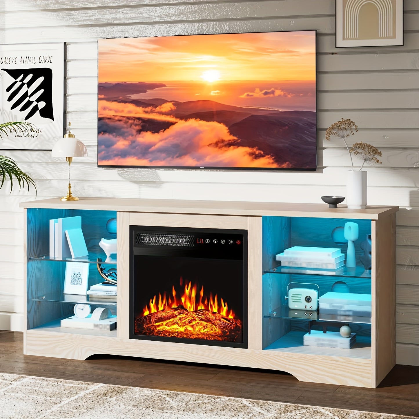 Electric Fireplace TV Stand 58 Inch Entertainment Center with 18" Fireplace Heater 16-Color LED Glass Shelves Storage Cabinets for TVs up to 65"