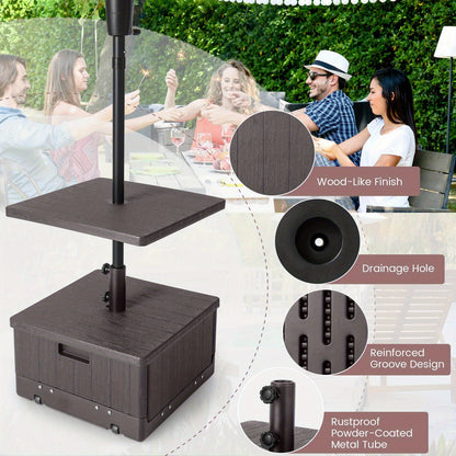 Patio Umbrella Base 3-in-1 Fillable 175 lbs with Table Tray & Planter Box Wheeled Stand Fits 1.5"/1.9" Poles 6-10 ft Market Offset Umbrellas HDPE Brown