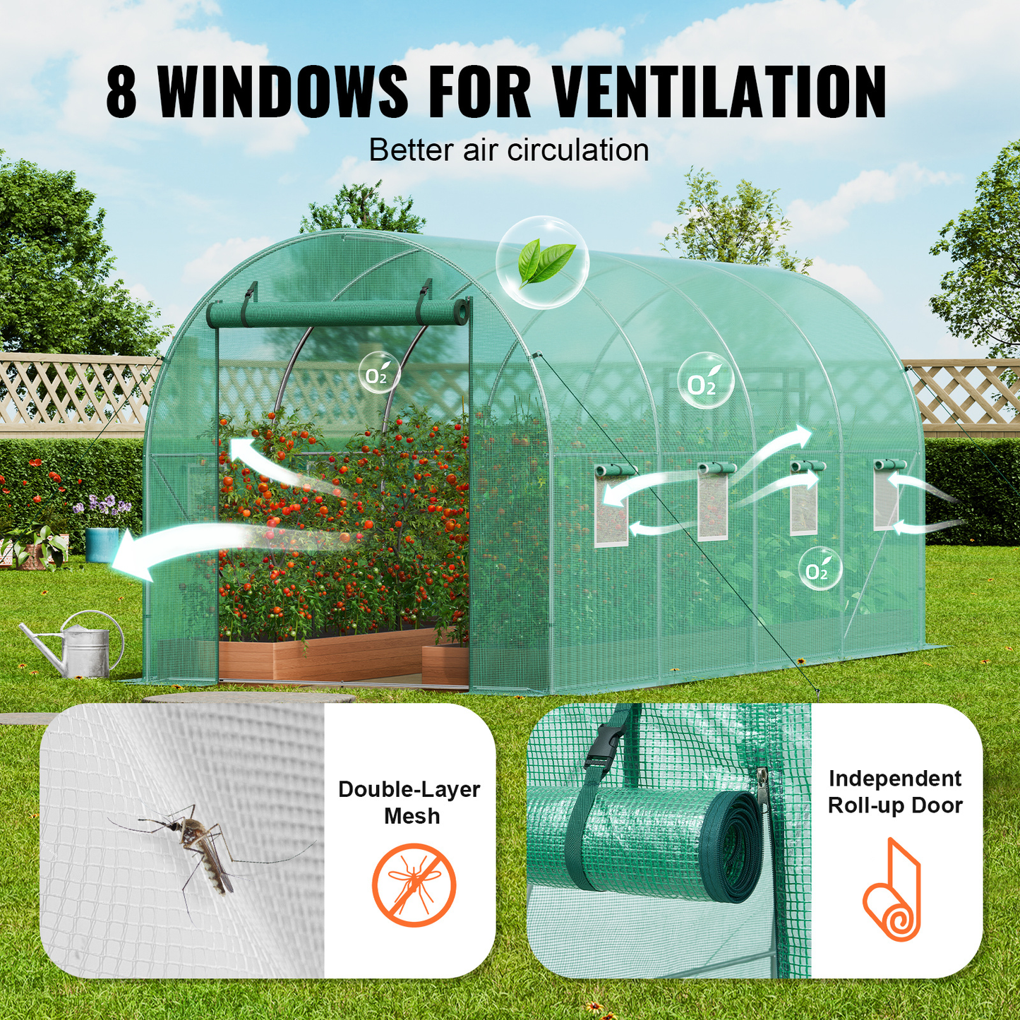 Tunnel Greenhouse Heavy Duty Galvanized Frame 140g/m² PE Cover, 6 Vent Windows Walk-In Hoop House for Garden & Farm, Multiple Sizes