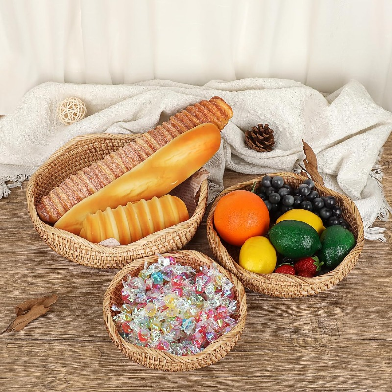 Rattan Tray Bowl - 8.5 Inch Hand Woven Natural Wicker Basket Tray for Fruit, Bread, Keys, Tabletop Decor, Kitchen, Entryway & Living Room