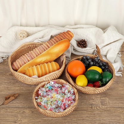 Rattan Tray Bowl - 8.5 Inch Hand Woven Natural Wicker Basket Tray for Fruit, Bread, Keys, Tabletop Decor, Kitchen, Entryway & Living Room