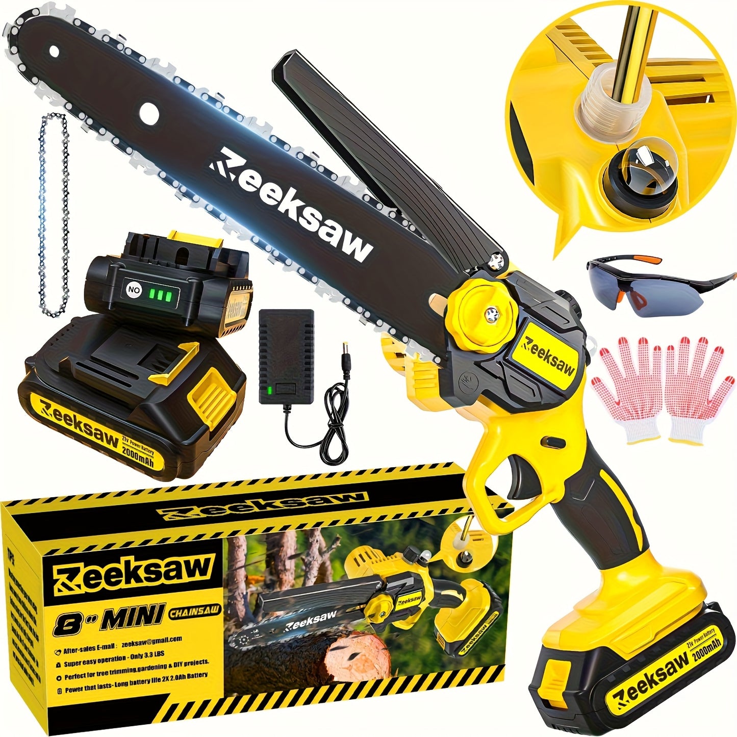Cordless Mini Chainsaw 8 Inch with 2x2.0Ah Batteries & Charger – Auto Oiler, Chain Tensioning, 26ft/s Speed for Tree Branches & Yard Work