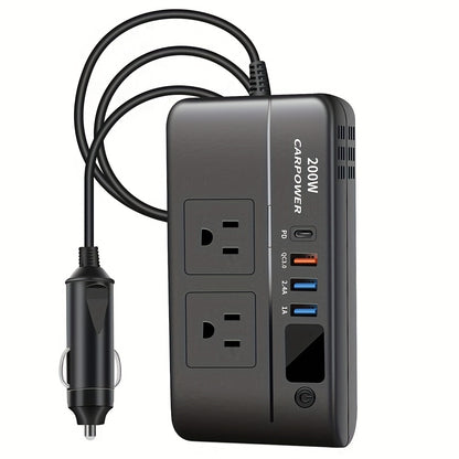 200W Car Power Inverter DC 12V to AC 110V with USB-C PD 20W & QC3.0 Fast Charging