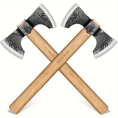 Viking Axe Set 2-Pack Hand Forged High-Carbon Steel 16-Inch Double-Sided Blade with Beech Wood Handle, Bushcraft Carving Axes for Chopping Wood, Camping and Gardening