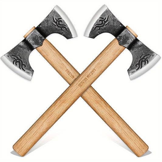 Viking Axe Set 2-Pack Hand Forged High-Carbon Steel 16-Inch Double-Sided Blade with Beech Wood Handle, Bushcraft Carving Axes for Chopping Wood, Camping and Gardening