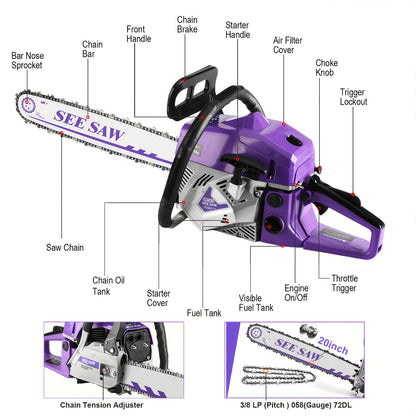 Heavy Duty Chainsaw | Gas Powered Forestry Wood Cutting Farm Yard