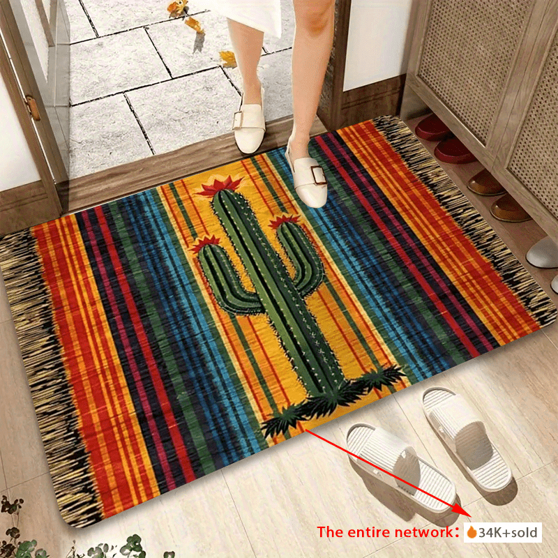 Mexican Cactus Flannel Area Rug Non-Slip Soft Absorbent Floor Mat for Indoor Entrance Kitchen Bathroom Bedroom Corridor Welcome Mat Colorful Stripes Boho Decor
