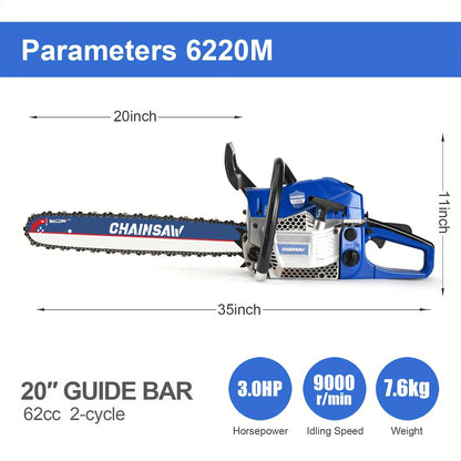 62CC Chainsaw Kit 20-Inch – 2-Stroke Gas Powered Logging Saw with Tool Kit, Oil Can & Bar Cover, Anti-Vibration Handle