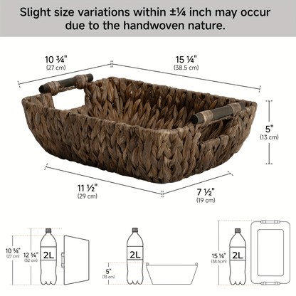 Woven Basket with Wooden Handles 2-Pack - Water Hyacinth & Seagrass Wicker Storage Baskets for Bathroom, Shelf, Kitchen & Bedroom Organizer, Boho Decor