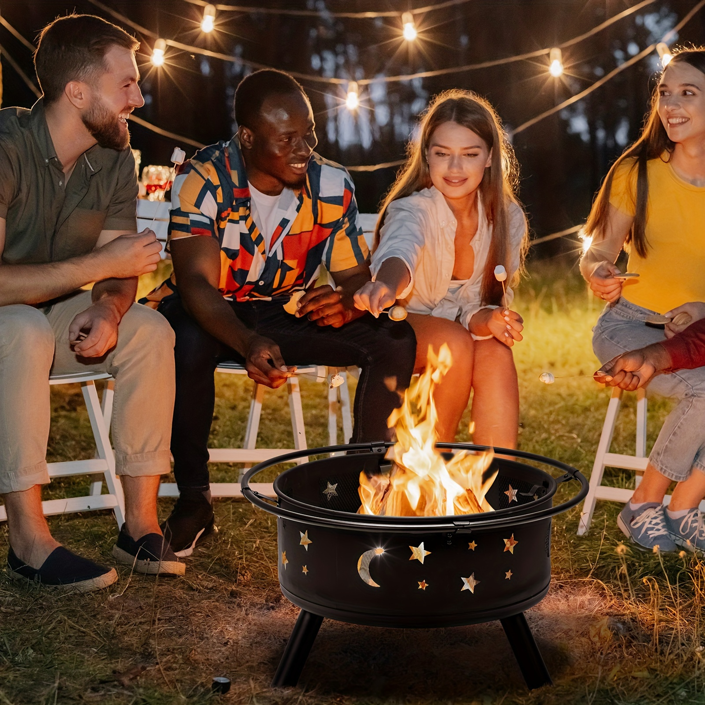 Fire Pit 30 Inch Round Wood Burning Outdoor Backyard Patio Steel Bowl with Spark Screen Mesh Lid Star Moon Cutout Carrying Ring Poker Included Black