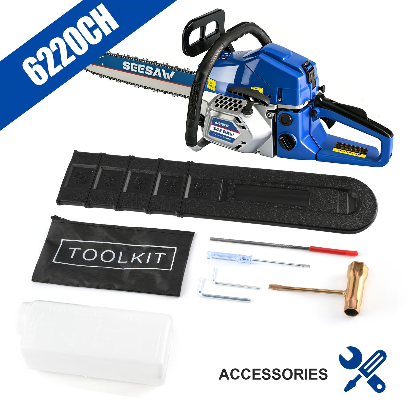 62CC Chainsaw Kit 20-Inch – 2-Stroke Gas Powered Logging Saw with Tool Kit, Oil Can & Bar Cover, Anti-Vibration Handle