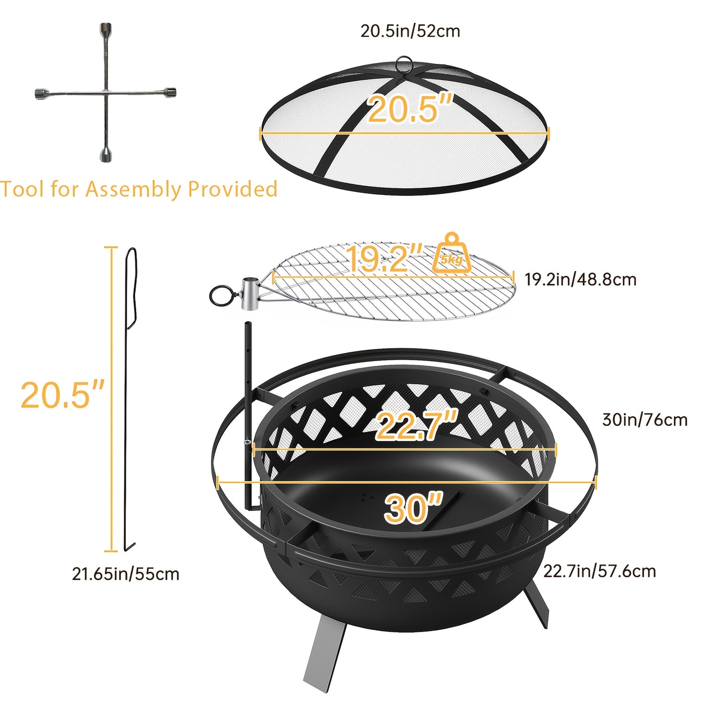 30 Inch Large Outdoor Fire Pit with Grill Grate, Steel Wood Burning Fire Bowl for Backyard Patio Garden BBQ Camping Picnic, Charcoal Log Burner Heater
