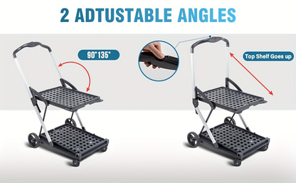 Two Tier Cart with 2 Storage Crates 360° Swivel Wheels, Heavy Duty Collapsible Shopping Trolley Folding Utility Cart for Groceries Picnic Office Multi-Use
