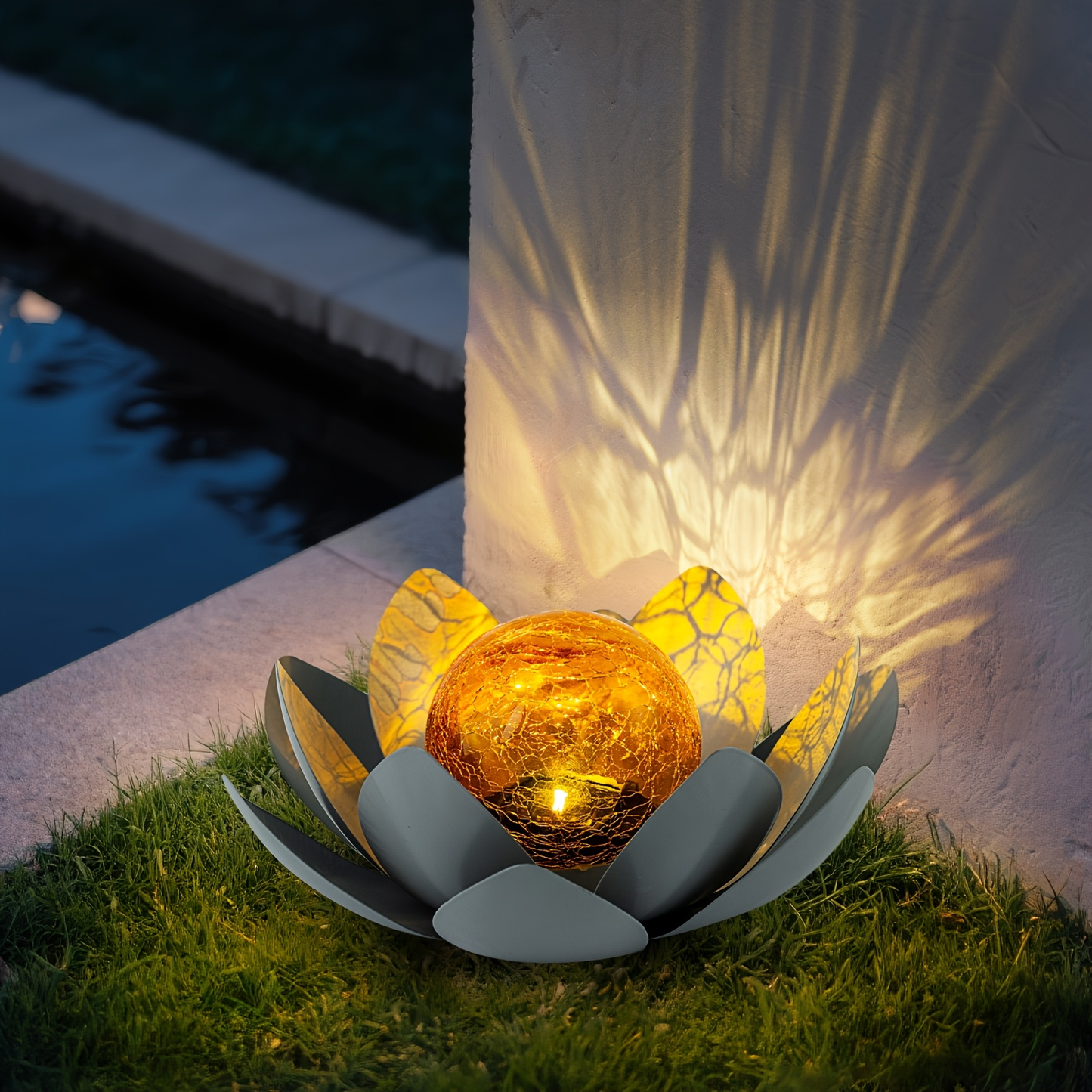 Solar Garden Light Lotus Flower LED Step Light Outdoor Cracked Glass Ball IPX4 Waterproof Lawn Yard Pathway Staircase Corridor Decor – Azure Blue Purple Gray