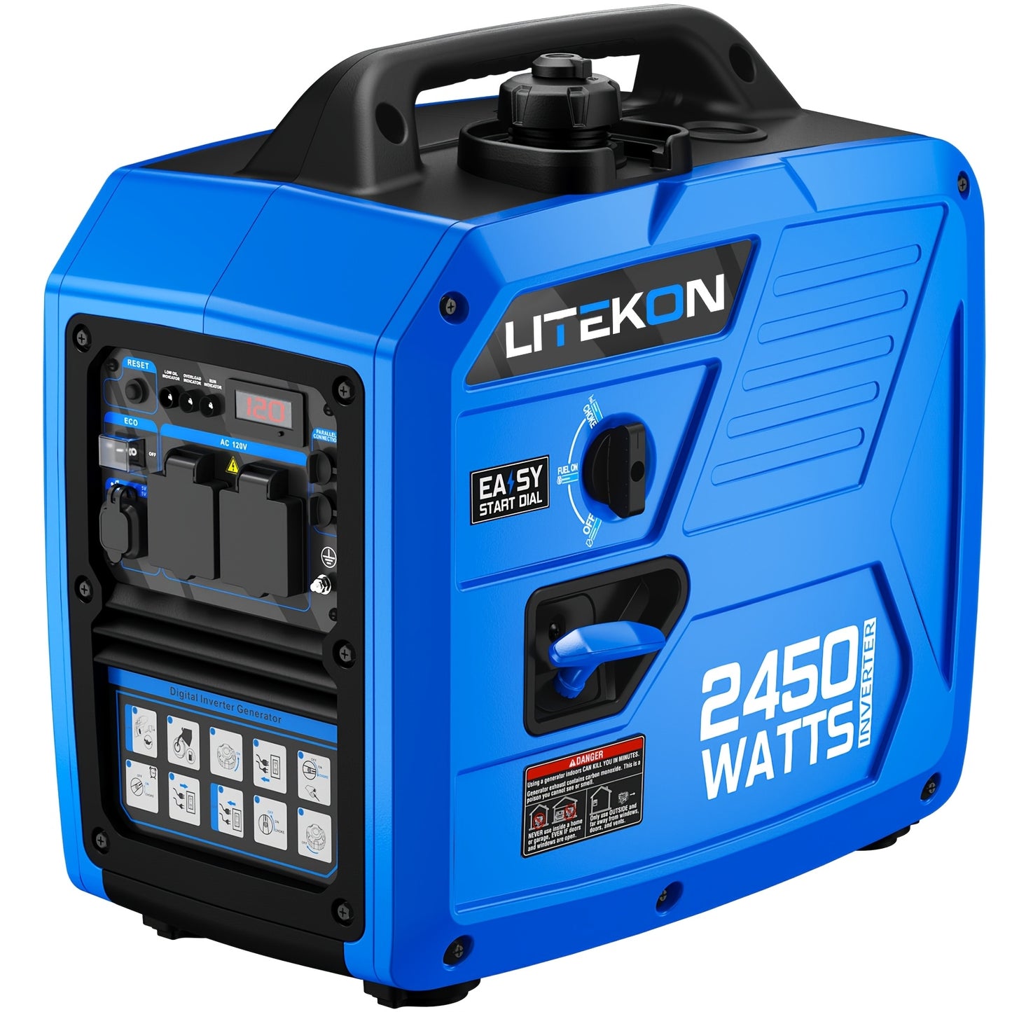 Inverter Generator 2450W Portable Super Quiet Gas Powered – 120V, 1.6 Gal Tank 8.3Hr Run Time, EPA Compliant, for Home Backup, Camping & RV Use