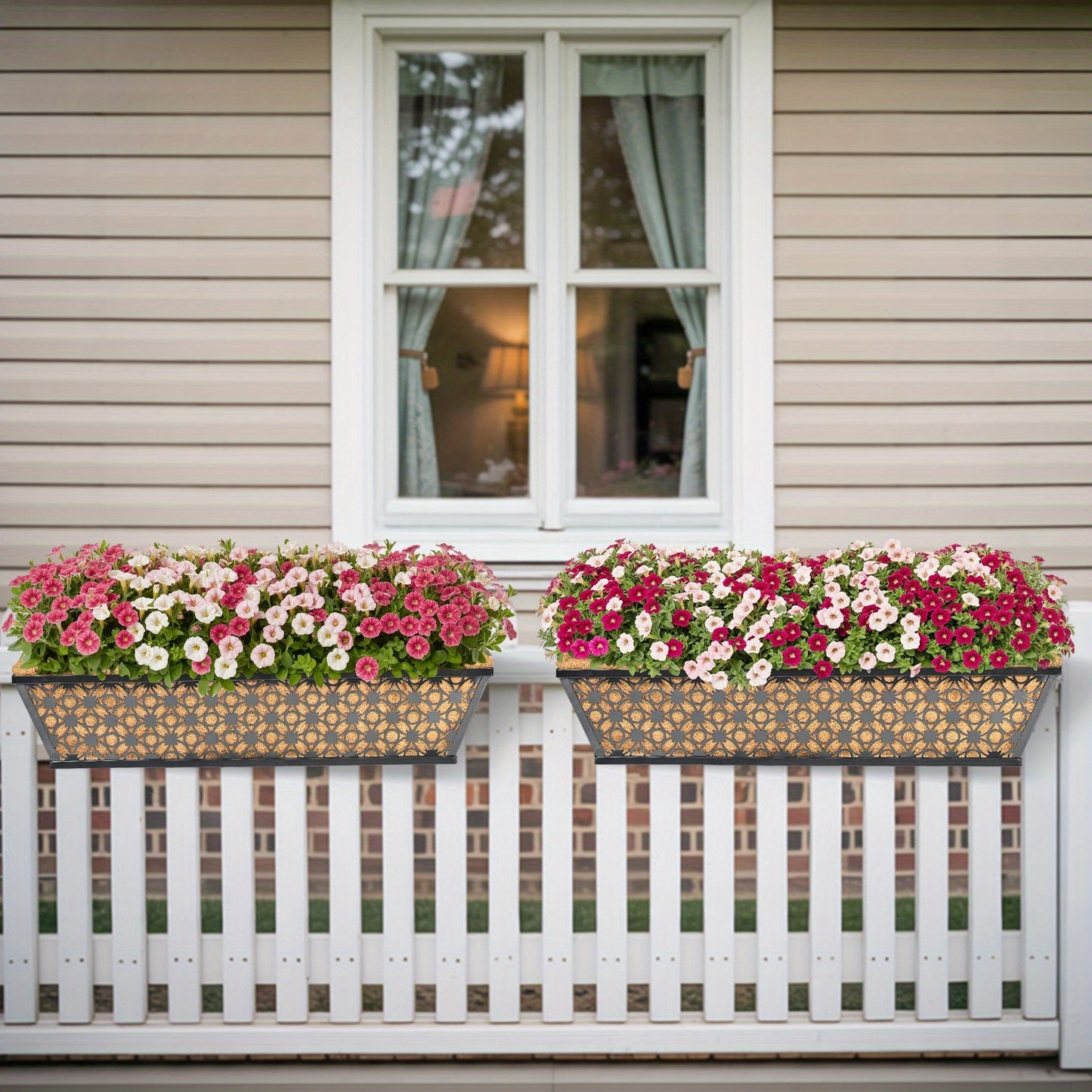 Window Box Planter 24 Inch with Coco Liner Adjustable Railing Brackets Cast Iron Flower Box for Porch Fence Balcony Patio Outdoor Garden Decor 2 Pack