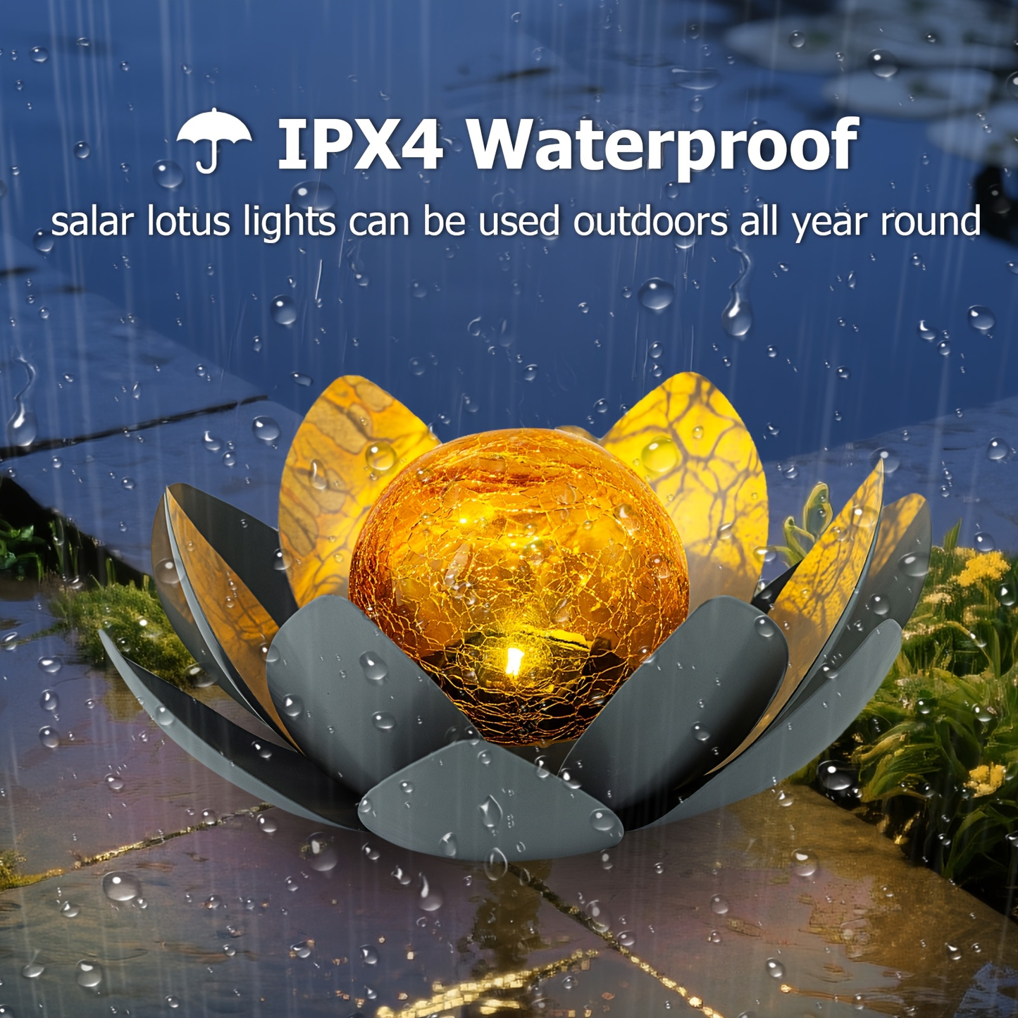 Solar Garden Light Lotus Flower LED Step Light Outdoor Cracked Glass Ball IPX4 Waterproof Lawn Yard Pathway Staircase Corridor Decor – Azure Blue Purple Gray