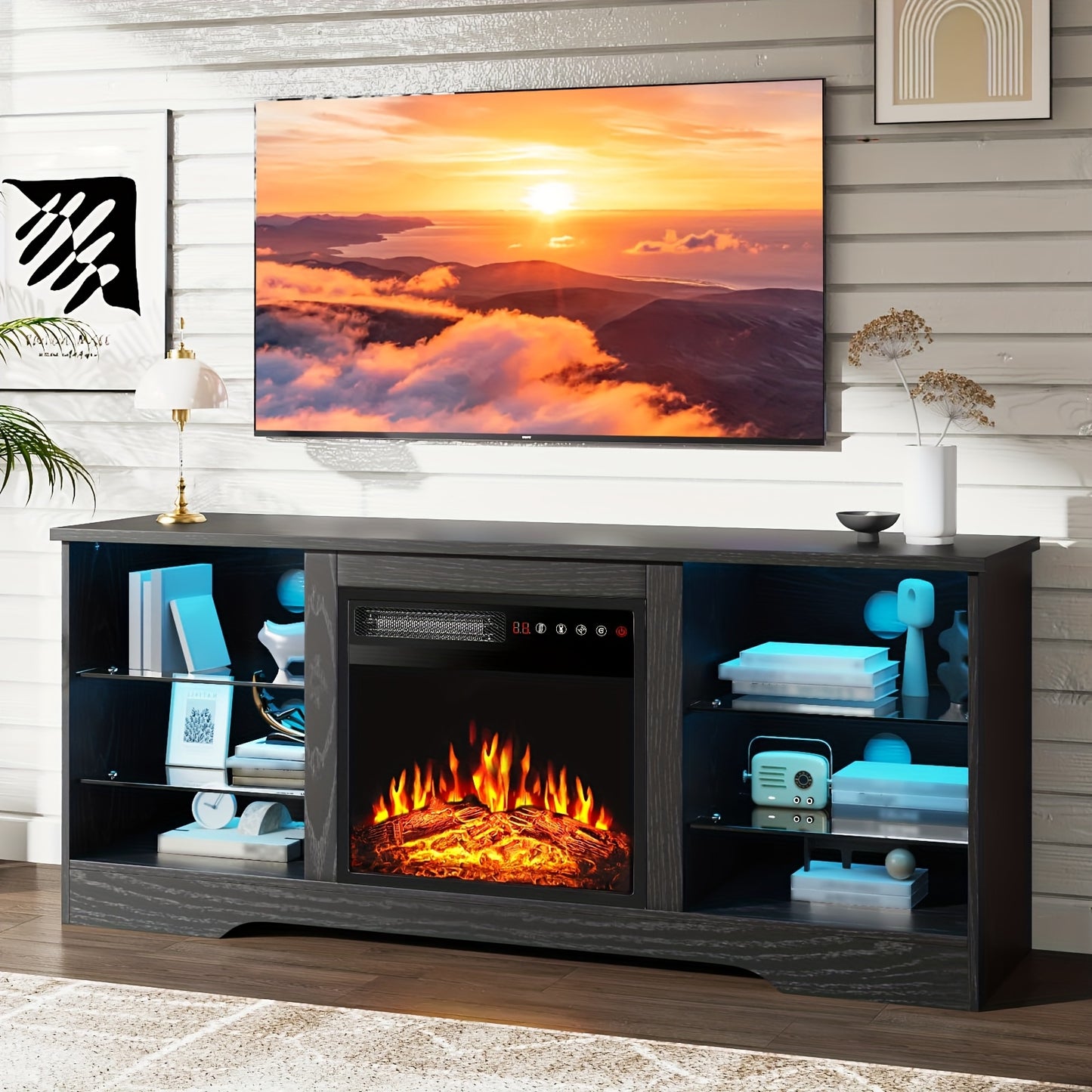 Electric Fireplace TV Stand 58 Inch Entertainment Center with 18" Fireplace Heater 16-Color LED Glass Shelves Storage Cabinets for TVs up to 65"