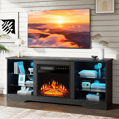 Electric Fireplace TV Stand 58 Inch Entertainment Center with 18" Fireplace Heater 16-Color LED Glass Shelves Storage Cabinets for TVs up to 65"