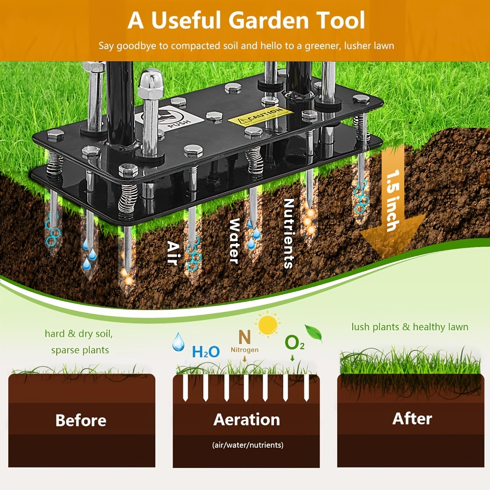 Self-Cleaning Lawn Aerator with 14 Iron Spikes - Spring-Loaded Auto-Clean Mechanism for Leaves & Dirt, Manual Soil Loosening Tool for Patio, Yard & Garden Aeration