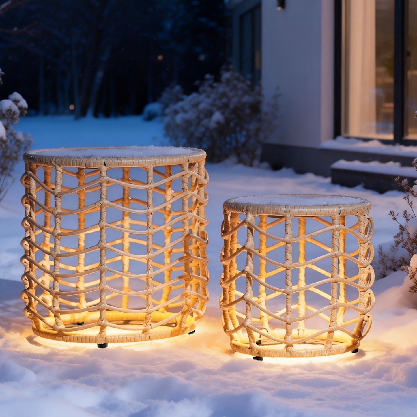 Outdoor Wicker Nesting Side Tables Set of 2 PE Rattan End Tables with Tempered Glass Top UV Resistant Waterproof Patio Balcony Deck Furniture