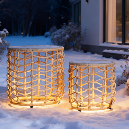 Outdoor Wicker Nesting Side Tables Set of 2 PE Rattan End Tables with Tempered Glass Top UV Resistant Waterproof Patio Balcony Deck Furniture