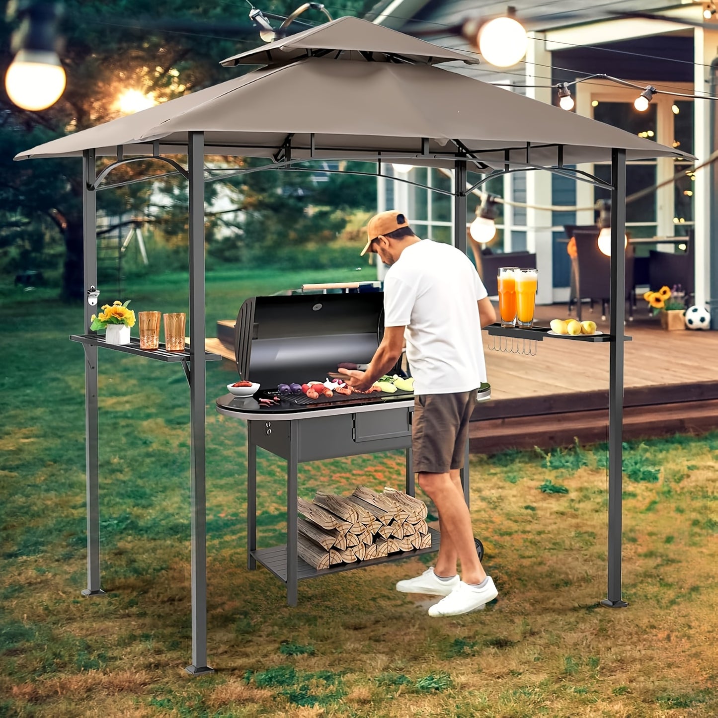 Grill Gazebo 8x5ft Double Tiered BBQ Canopy 8 Hooks Backyard Poolside