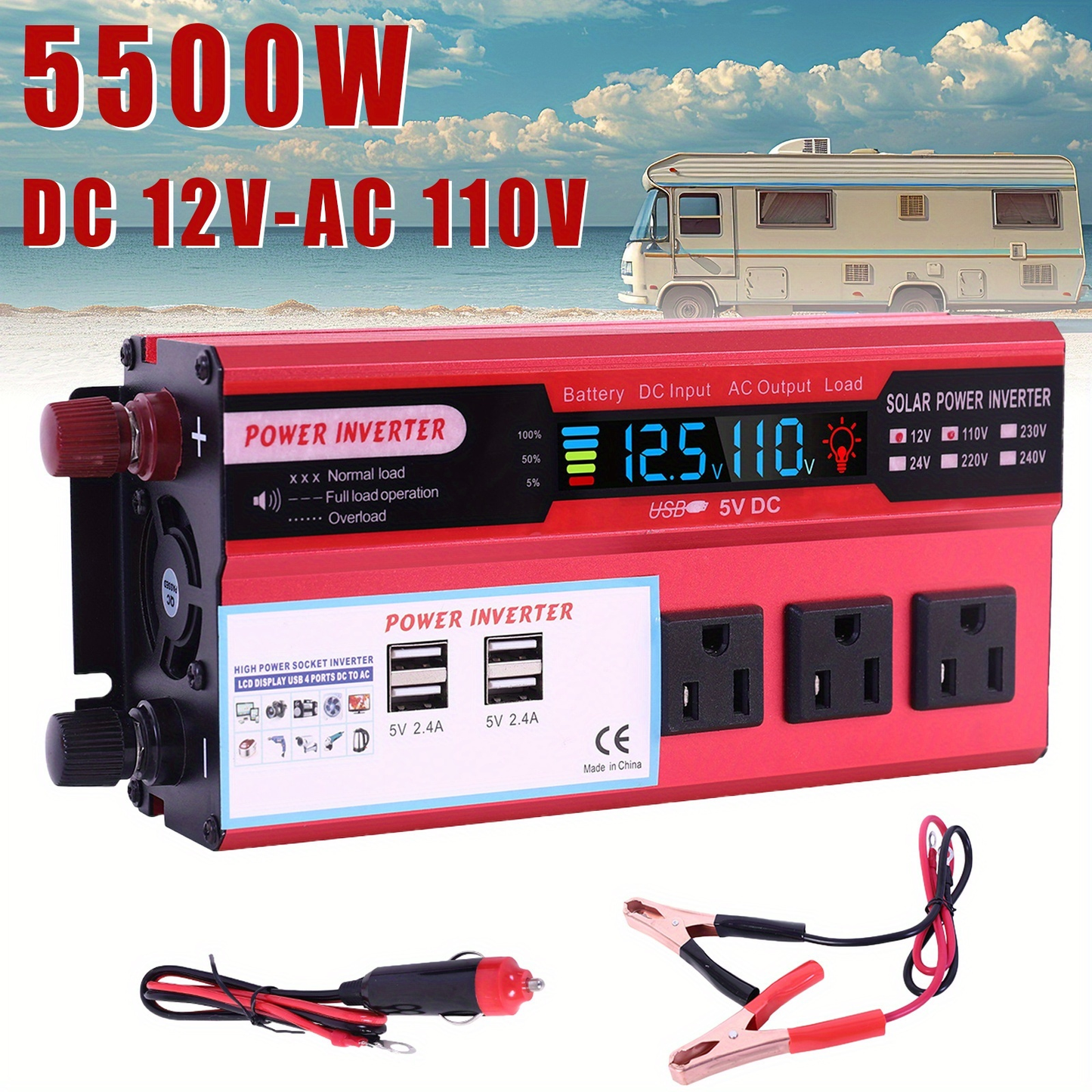 DC to AC Inverter 4000W 5500W 6500W 16000W Peak DC 12V to AC 110V High Power Car Inverter with USB Ports US Sockets Cooling Fan Overload Protection for RV Truck Outdoor Emergency
