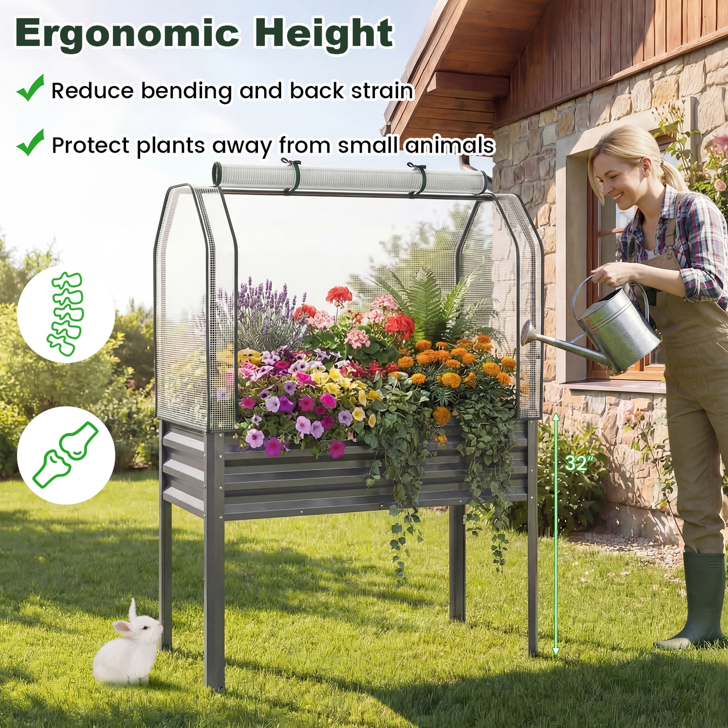 Elevated Raised Garden Bed with Greenhouse Cover 3-in-1, 44"x22"x60" Electroplated Metal Planter Box with Legs, Roll-Up Zippered Door for Vegetables, Flowers & Herbs, Gray
