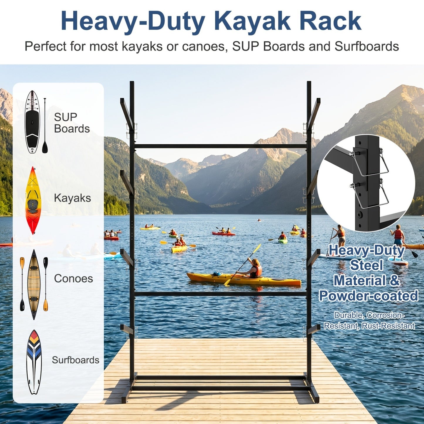 Kayak Storage Rack – Heavy-Duty Adjustable Stand for SUP, Canoe & Paddle Board | Wall, Dock & Freestanding | 400 lbs Capacity