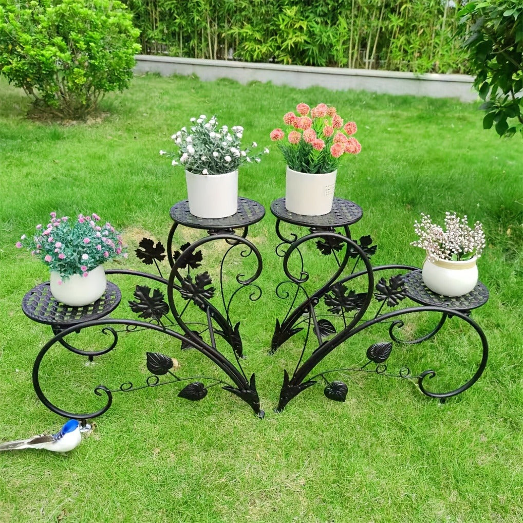 Metal Plant Stand Set of 2 Half Heart Flower Rack 4-Tier Indoor Outdoor Garden Patio Planter Display Shelf Black White