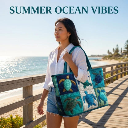 Sea Turtle Tote Bag Large Capacity for Women – Patchwork Design Machine Washable Beach Shoulder Bag