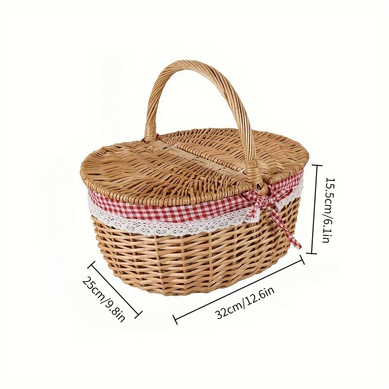 Lined Picnic Basket with Lid & Handles – Vintage Handcrafted Willow Woven Hamper with Linen Lining & Red White Checkered Tablecloth for Picnics & Camping