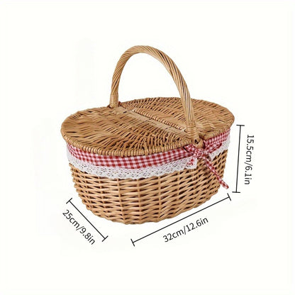 Lined Picnic Basket with Lid & Handles – Vintage Handcrafted Willow Woven Hamper with Linen Lining & Red White Checkered Tablecloth for Picnics & Camping