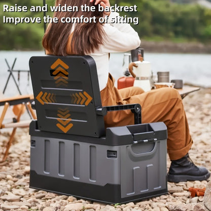 Folding Storage Box & Fishing Stool 2-in-1 – Large Capacity Portable Organizer with Backrest for Car Trunk, Outdoor Camping, Beach & Home Storage