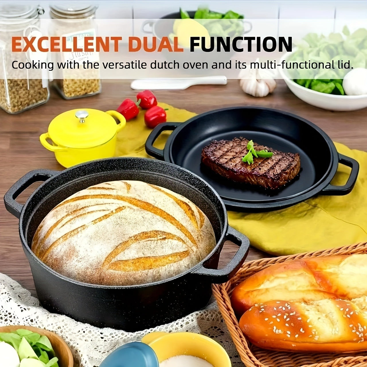 Cast Iron Dutch Oven Pre-Seasoned with Lid – Deep Pot for Bread Baking, Camping, BBQ & Stove | Double Handle, Silicone Lid, Scraper & Stand Included