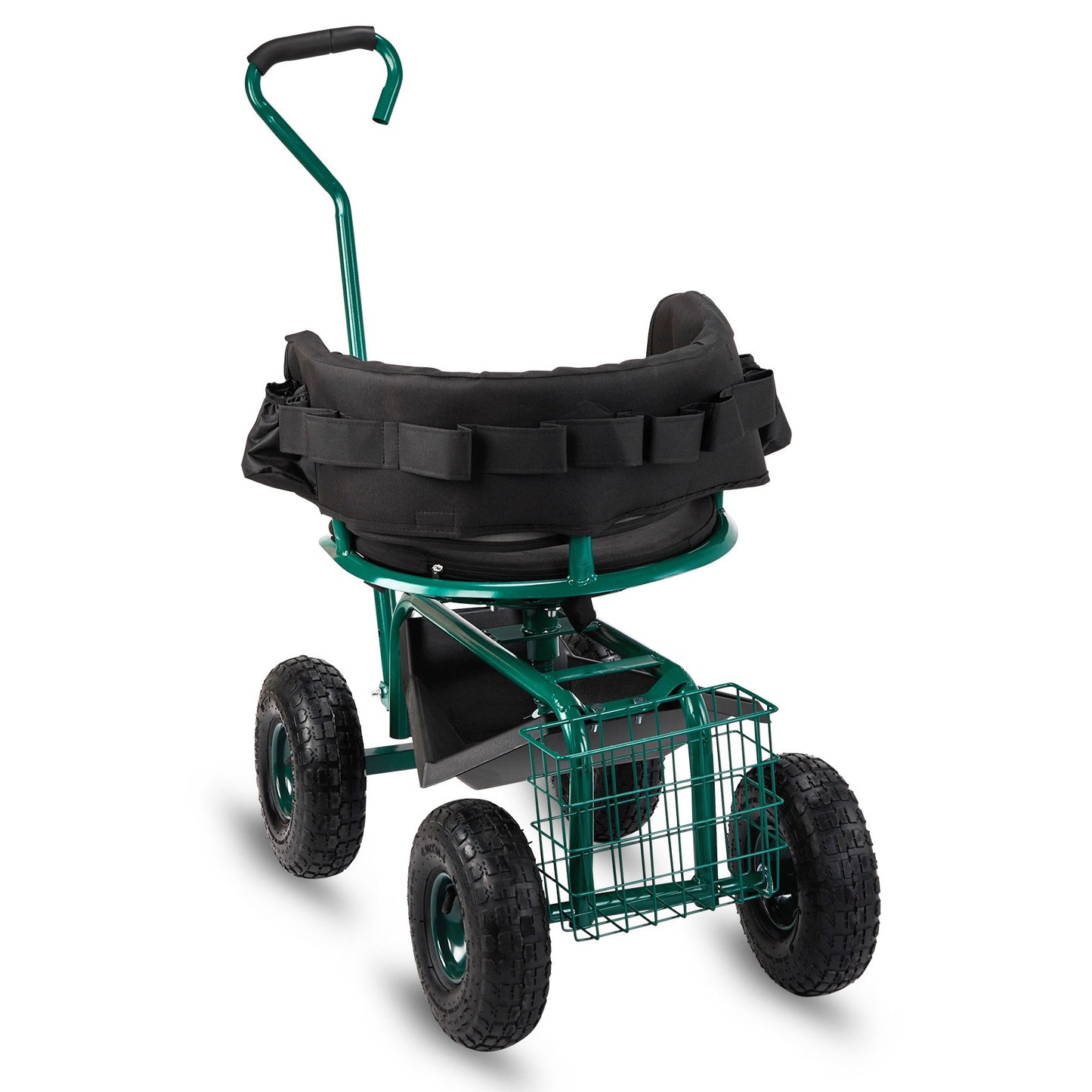 Rolling Garden Seat Cart | Backrest, Cushion, Telescopic Handle & Storage Basket, Steel Frame