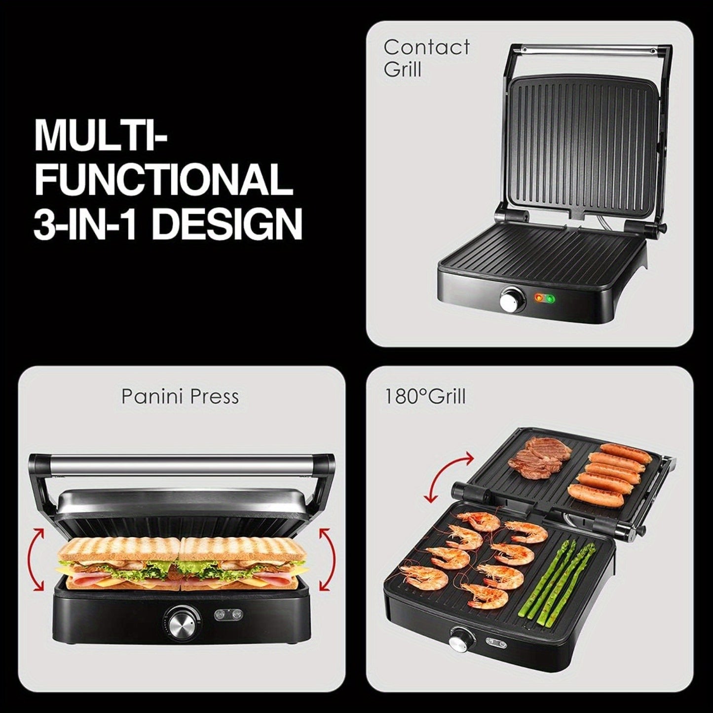 Panini Press Grill Indoor Sandwich Maker 4 Slice – Non-Stick 1200W Electric Grill with Temperature Control, 180° Opening, Removable Drip Tray | Countertop Steak & BBQ Grill