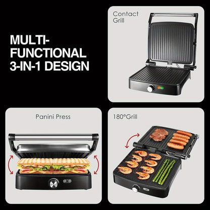 Panini Press Grill Indoor Sandwich Maker 4 Slice – Non-Stick 1200W Electric Grill with Temperature Control, 180° Opening, Removable Drip Tray | Countertop Steak & BBQ Grill