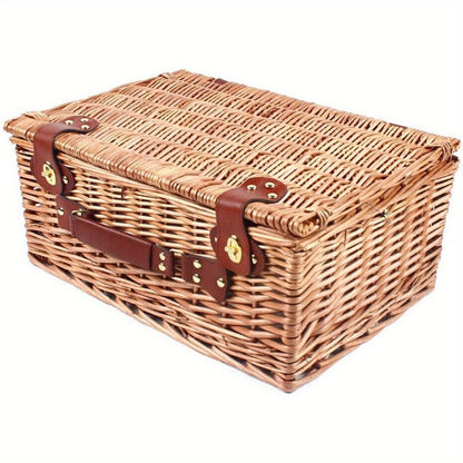 Wicker Picnic Basket for 4 with Insulated Cooler – Large Willow Hamper Set with Cutlery, Ceramic Plates, Wine Glasses for Camping, BBQ & Outdoor Gatherings