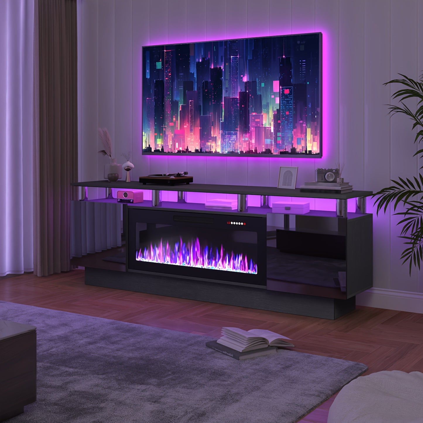 Fireplace TV Stand 70 Inch with 36" Electric Fireplace 2-Tier High Gloss Wood Entertainment Center LED Lights Cabinet Media Console Living Room