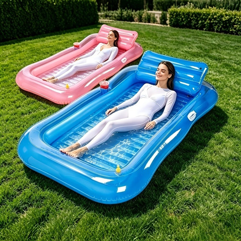 Inflatable Tanning Pool Lounger with Sprinkler | 74"x45" XL Pool Float with Pillow & Cup Holder for Adults