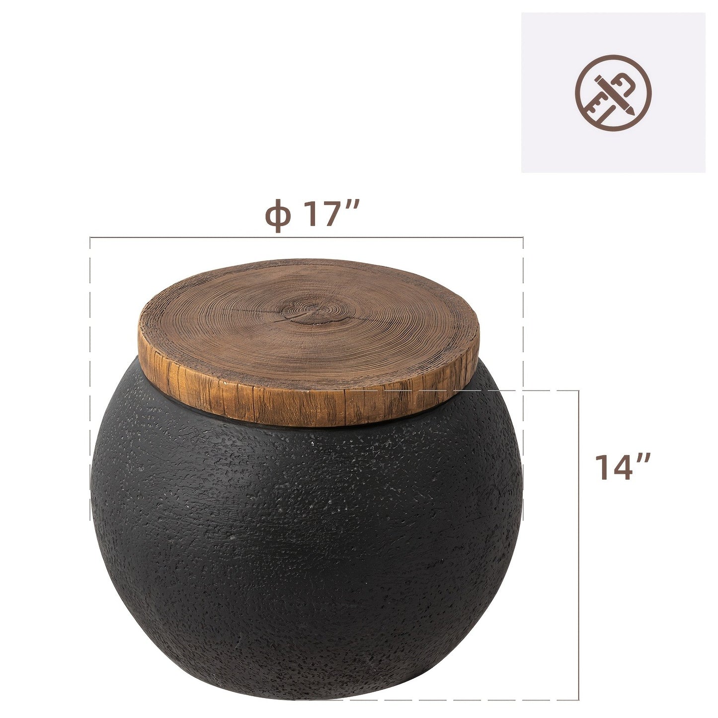 Outdoor Side Table 17in Concrete with Wood-Look Top, Accent End Table for Patio, Garden Stool for Living Room, Bedroom, Backyard Decor, Black & Hourglass Style