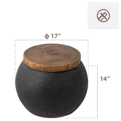 Outdoor Side Table 17in Concrete with Wood-Look Top, Accent End Table for Patio, Garden Stool for Living Room, Bedroom, Backyard Decor, Black & Hourglass Style