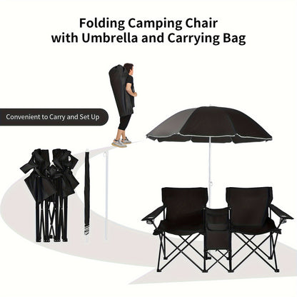 Folding Picnic Chair Set for 2 | Umbrella, Cooler Bag & Table, 600 Lbs Capacity, Portable